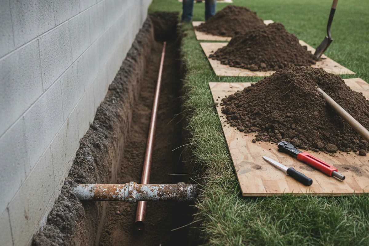 Excavated water line trench during Water Softener Installation in Bude
